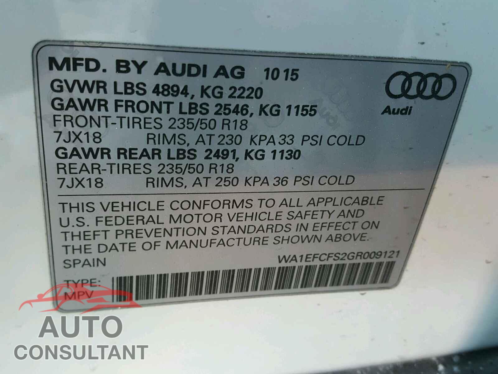 AUDI Q3 2016 - WA1EFCFS2GR009121