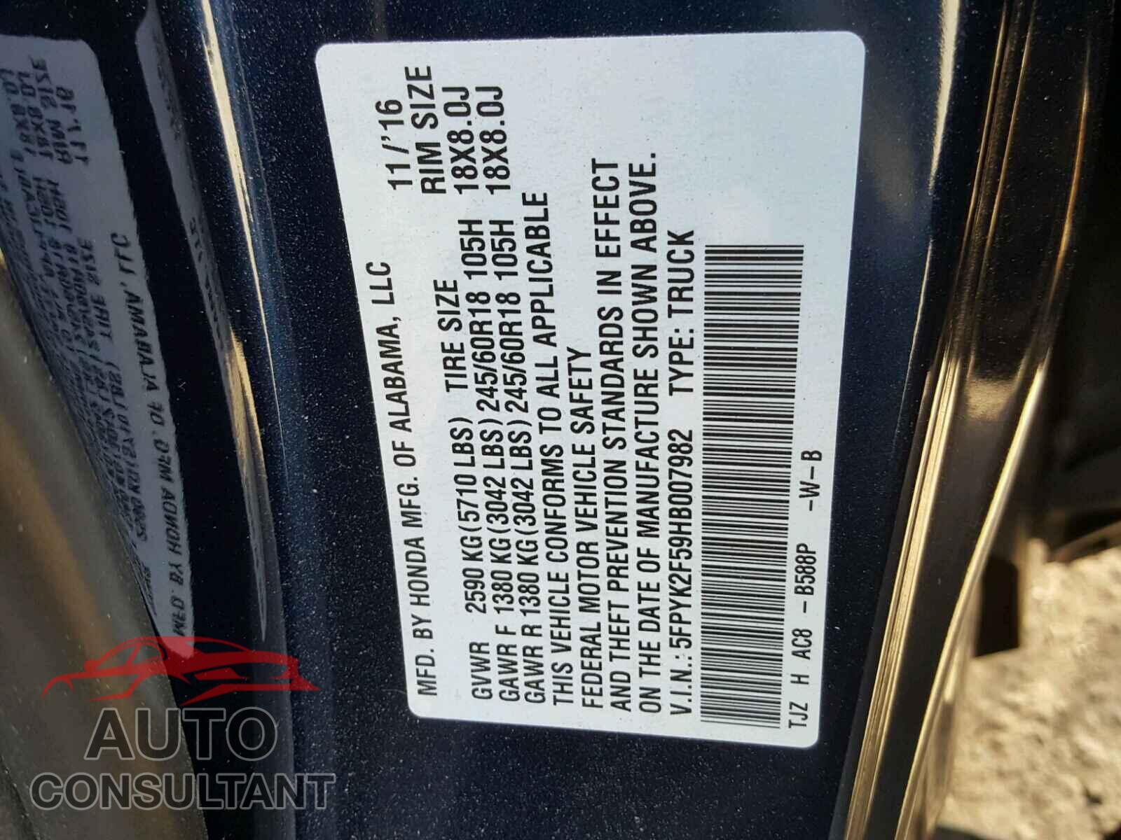HONDA RIDGELINE 2017 - 5FPYK2F59HB007982