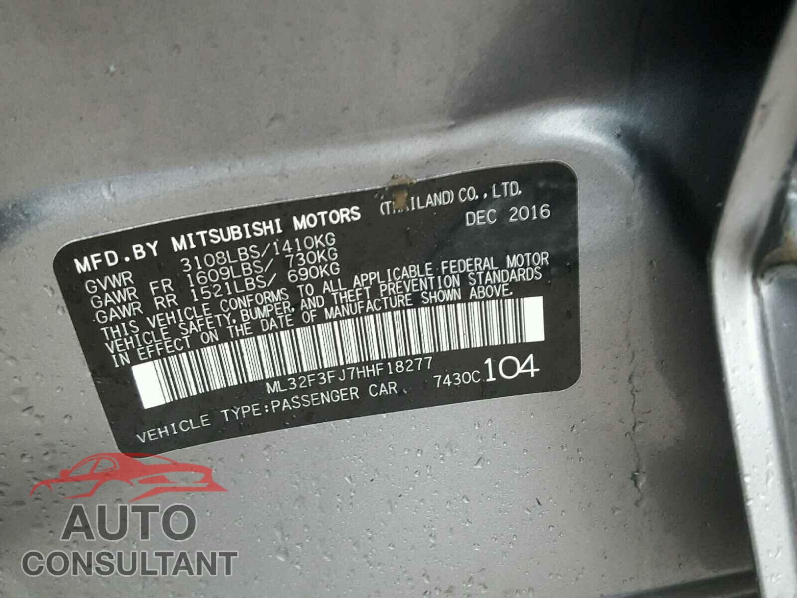 MITSUBISHI MIRAGE 2017 - ML32F3FJ7HHF18277