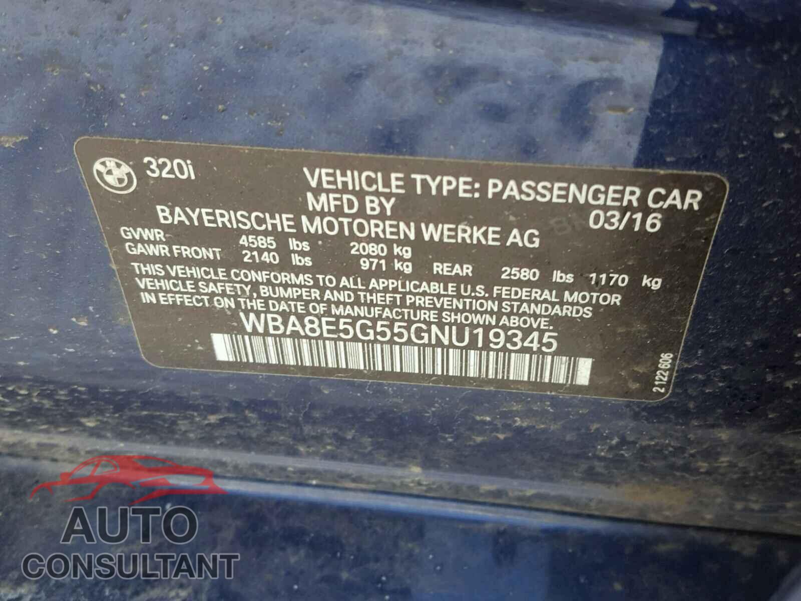 BMW 3 SERIES 2016 - WBA8E5G55GNU19345