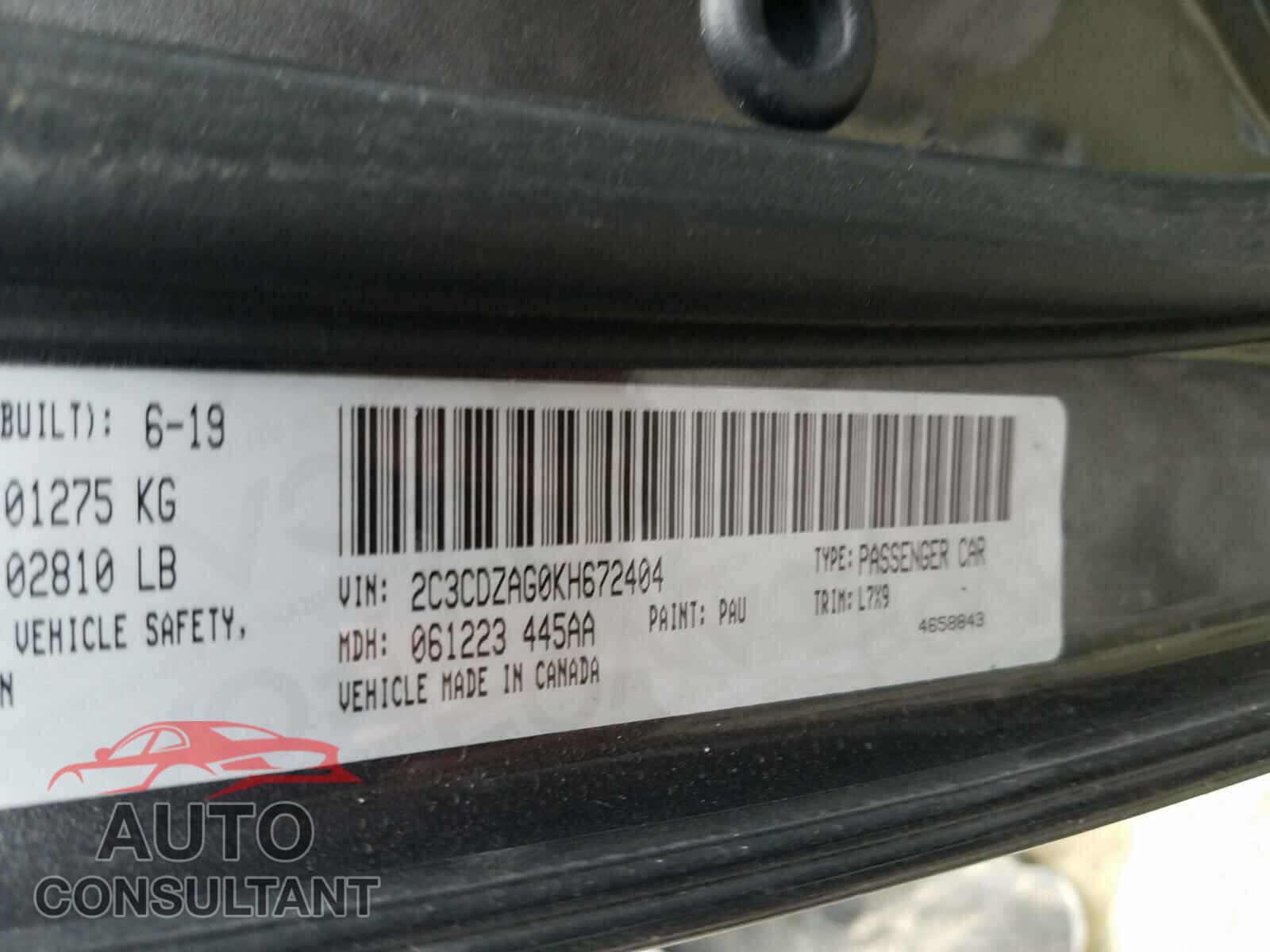DODGE CHALLENGER 2019 - 2C3CDZAG0KH672404
