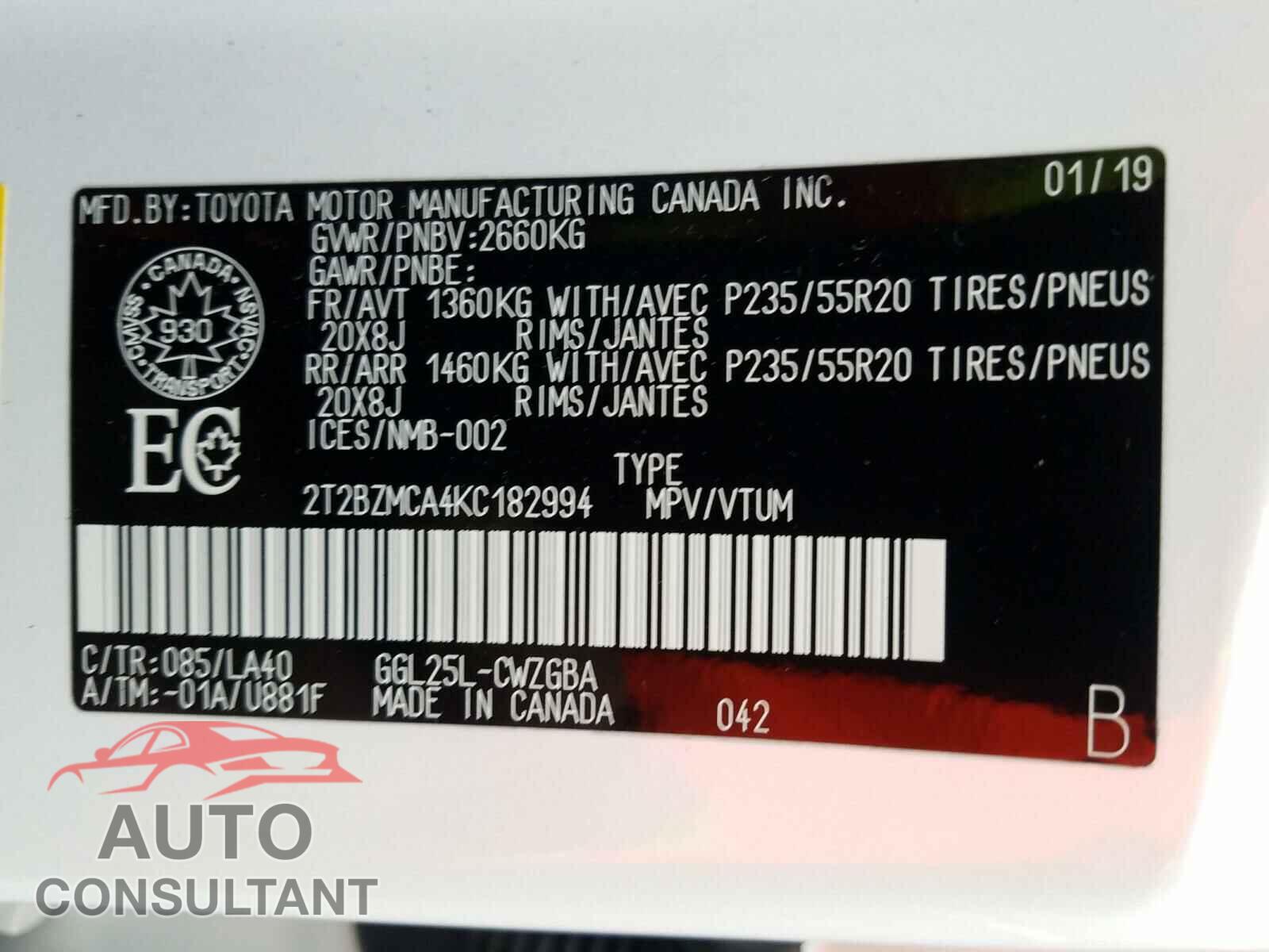 LEXUS RX 350 BAS 2019 - 2T2BZMCA4KC182994
