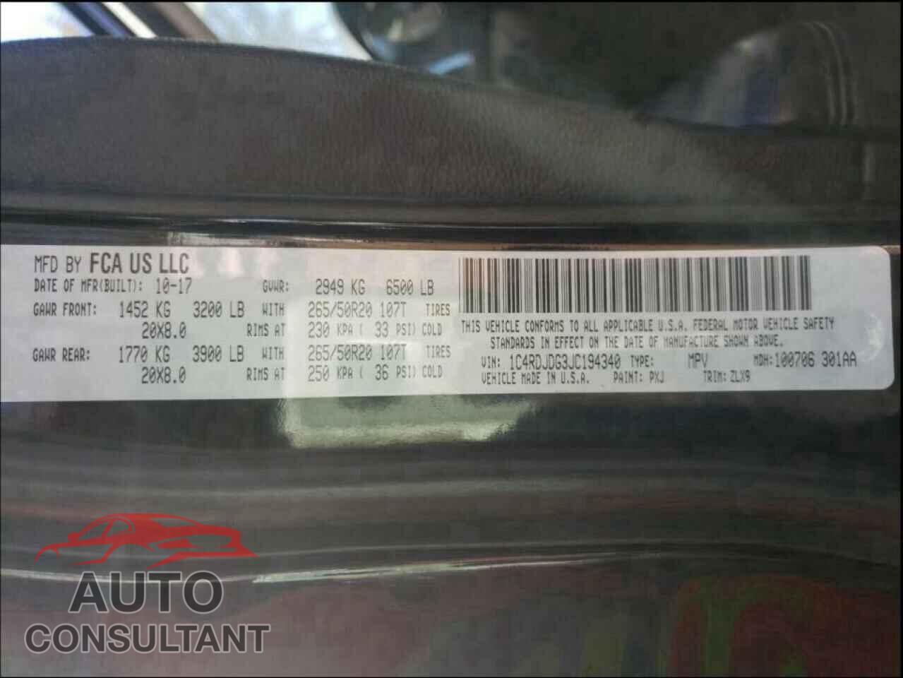 DODGE DURANGO 2018 - 1C4RDJDG3JC194340