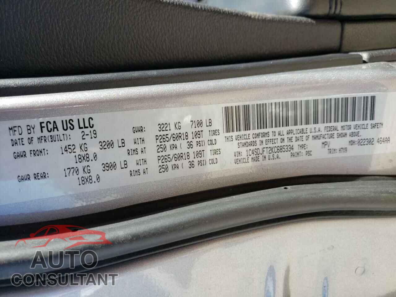 DODGE DURANGO 2019 - 1C4SDJFT2KC685334