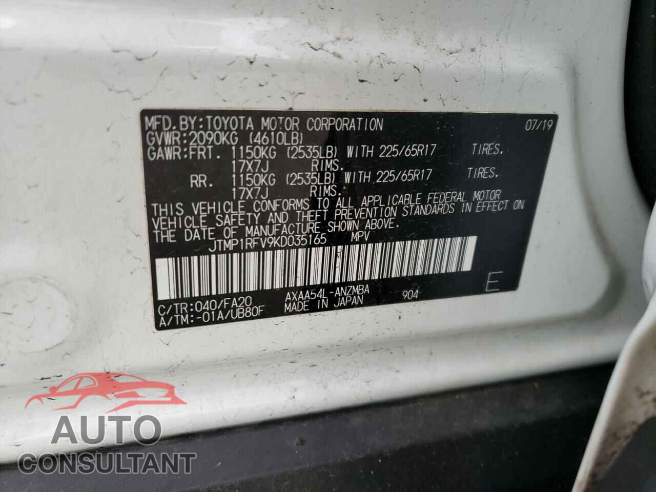 TOYOTA RAV4 2019 - JTMP1RFV9KD035165