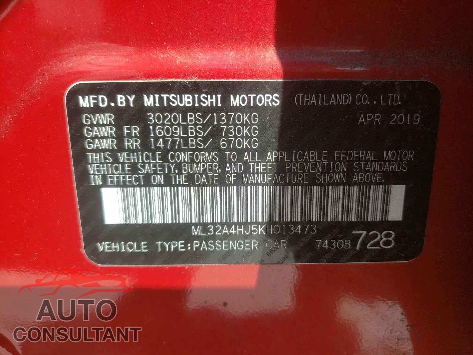 MITSUBISHI MIRAGE 2019 - ML32A4HJ5KH013473