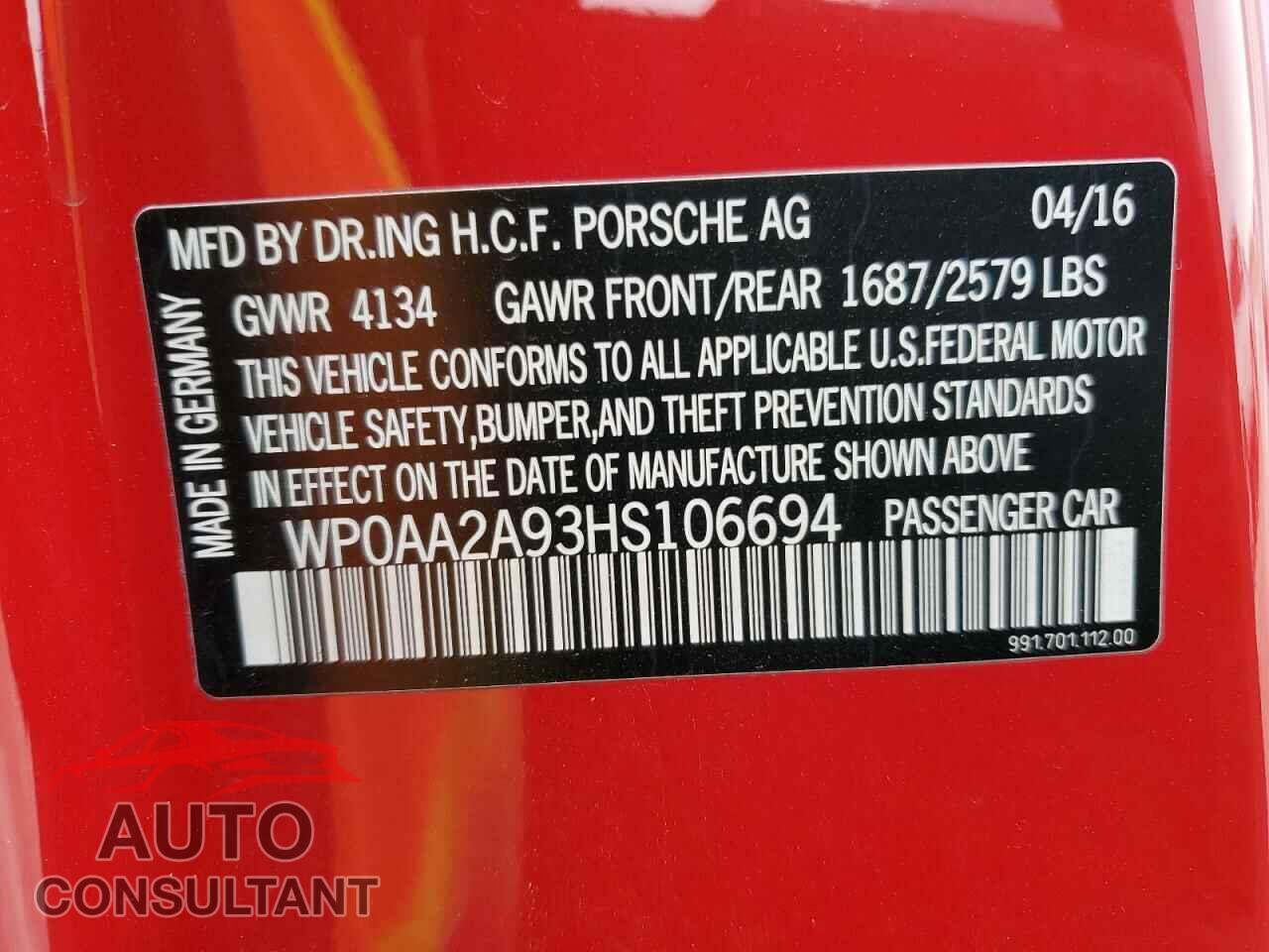 PORSCHE 911 2017 - WP0AA2A93HS106694