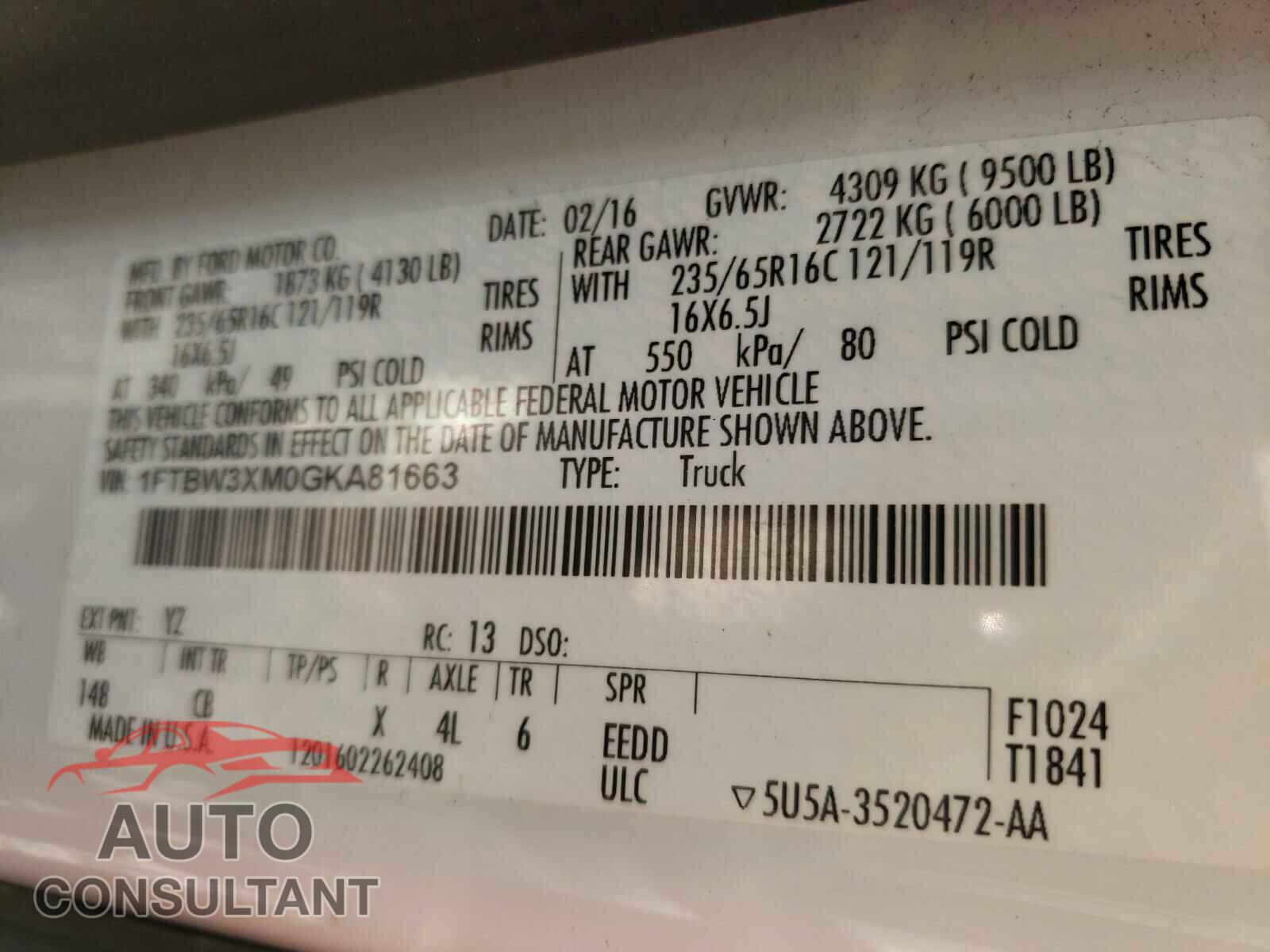 FORD TRANSIT CO 2016 - 1FTBW3XM0GKA81663
