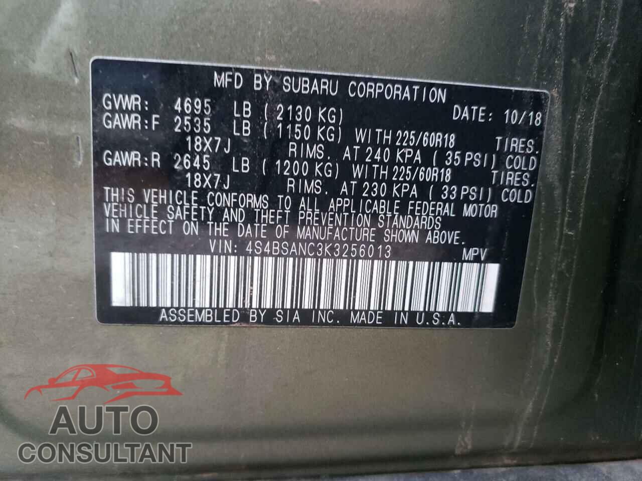 SUBARU OUTBACK 2019 - 4S4BSANC3K3256013