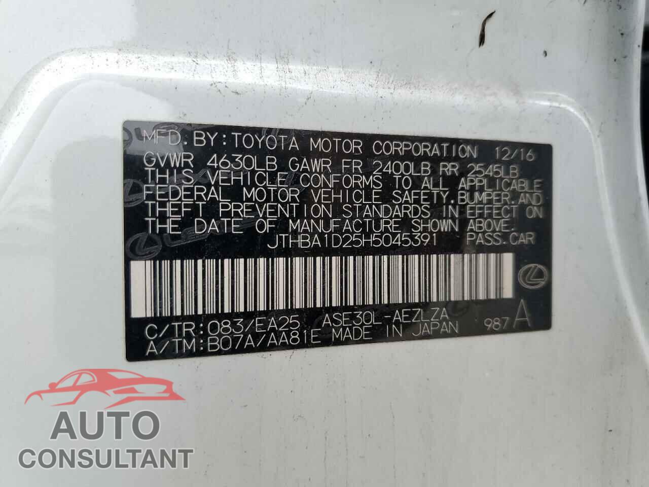 LEXUS IS 2017 - JTHBA1D25H5045391
