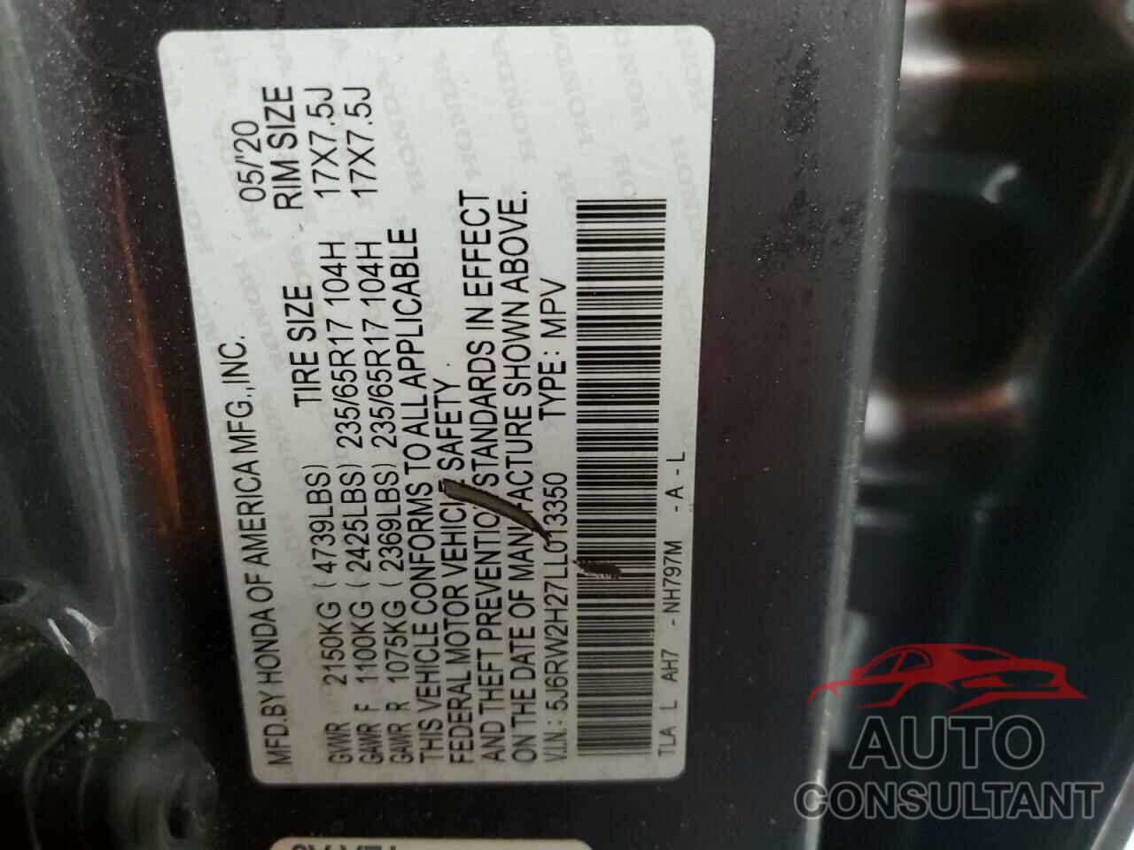 HONDA CRV 2020 - 5J6RW2H27LL013350