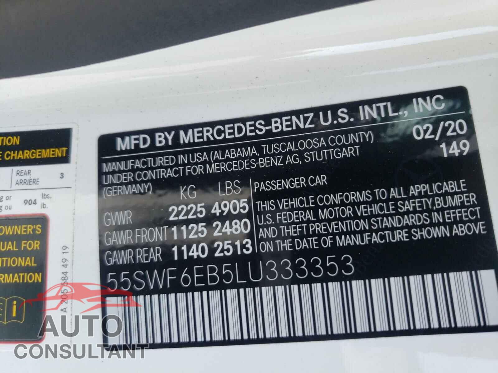 MERCEDES-BENZ C CLASS 2020 - 55SWF6EB5LU333353