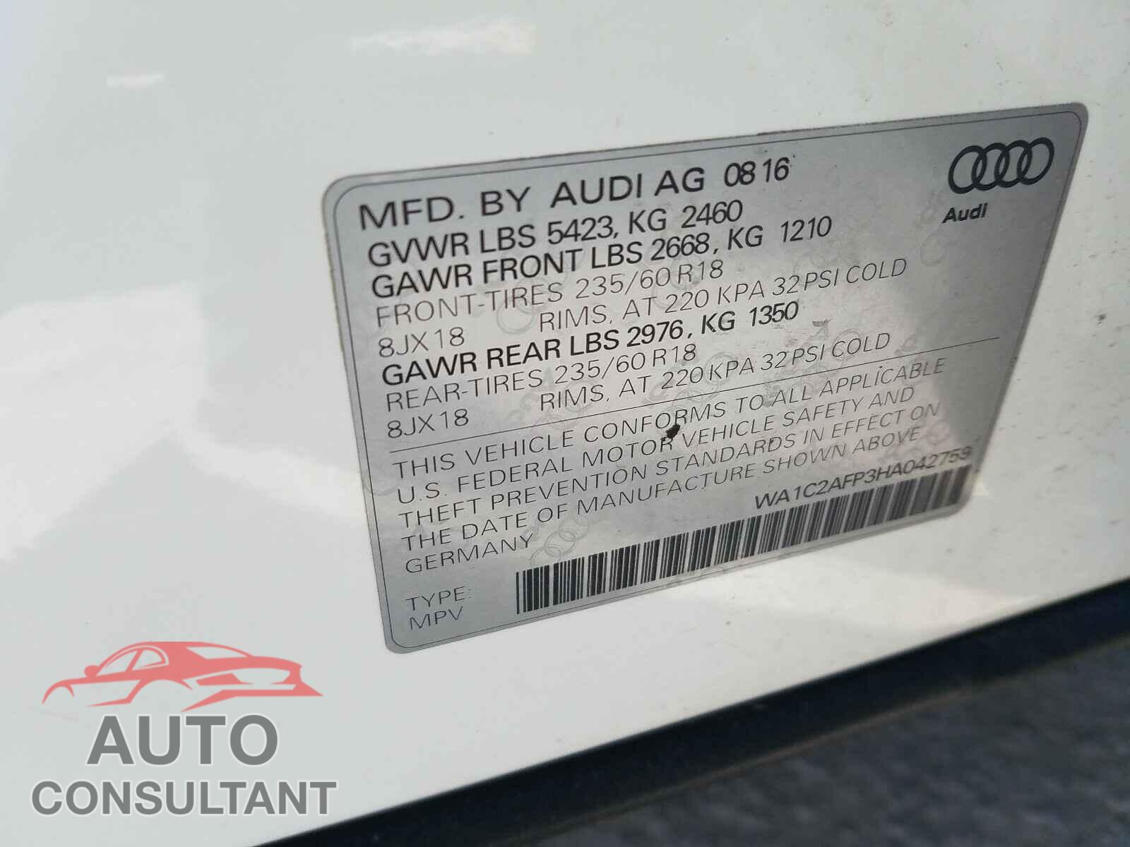 AUDI Q5 2017 - WA1C2AFP3HA042759