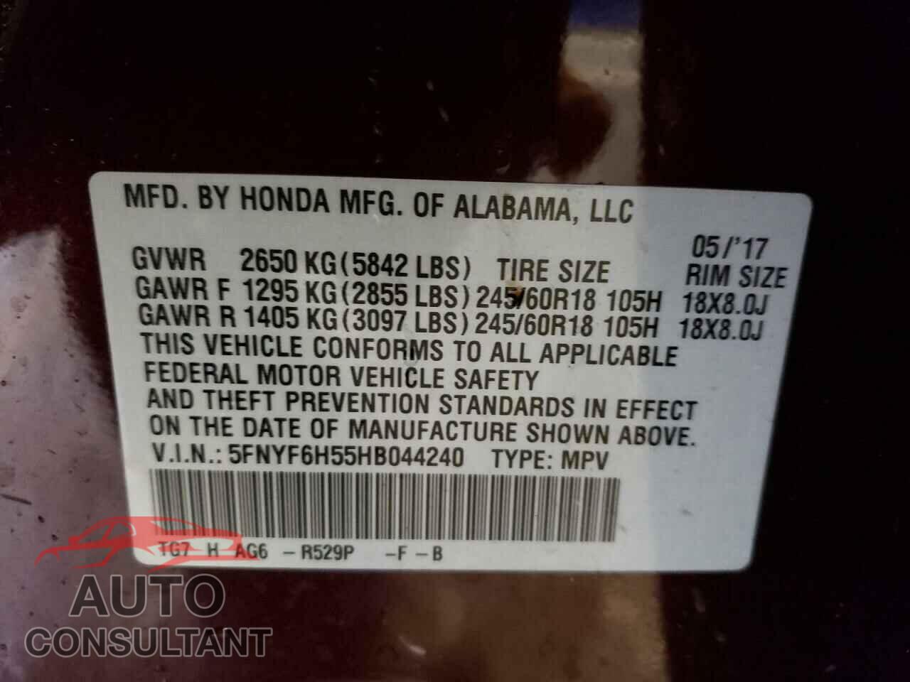 HONDA PILOT 2017 - 5FNYF6H55HB044240