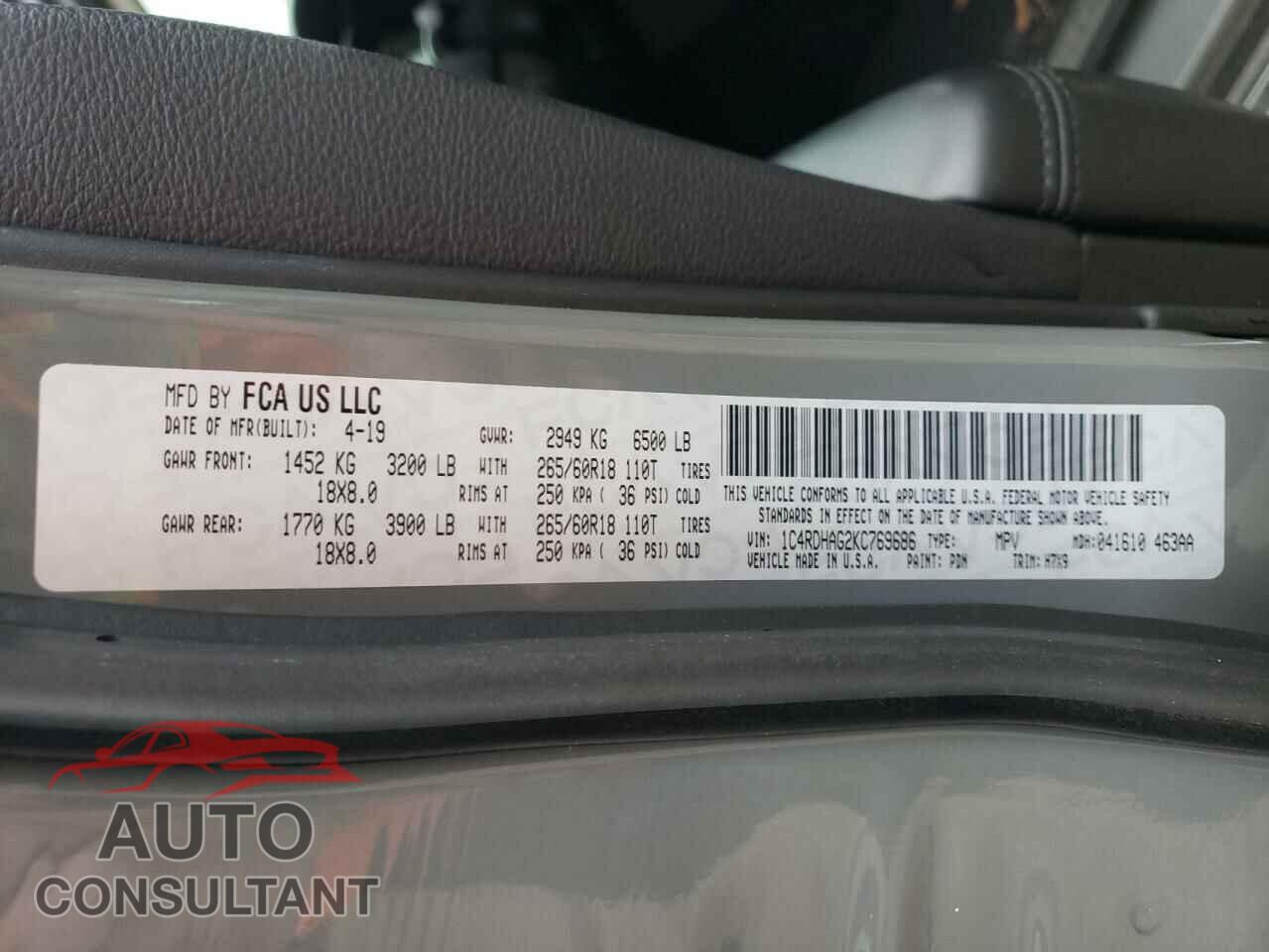 DODGE DURANGO 2019 - 1C4RDHAG2KC769686
