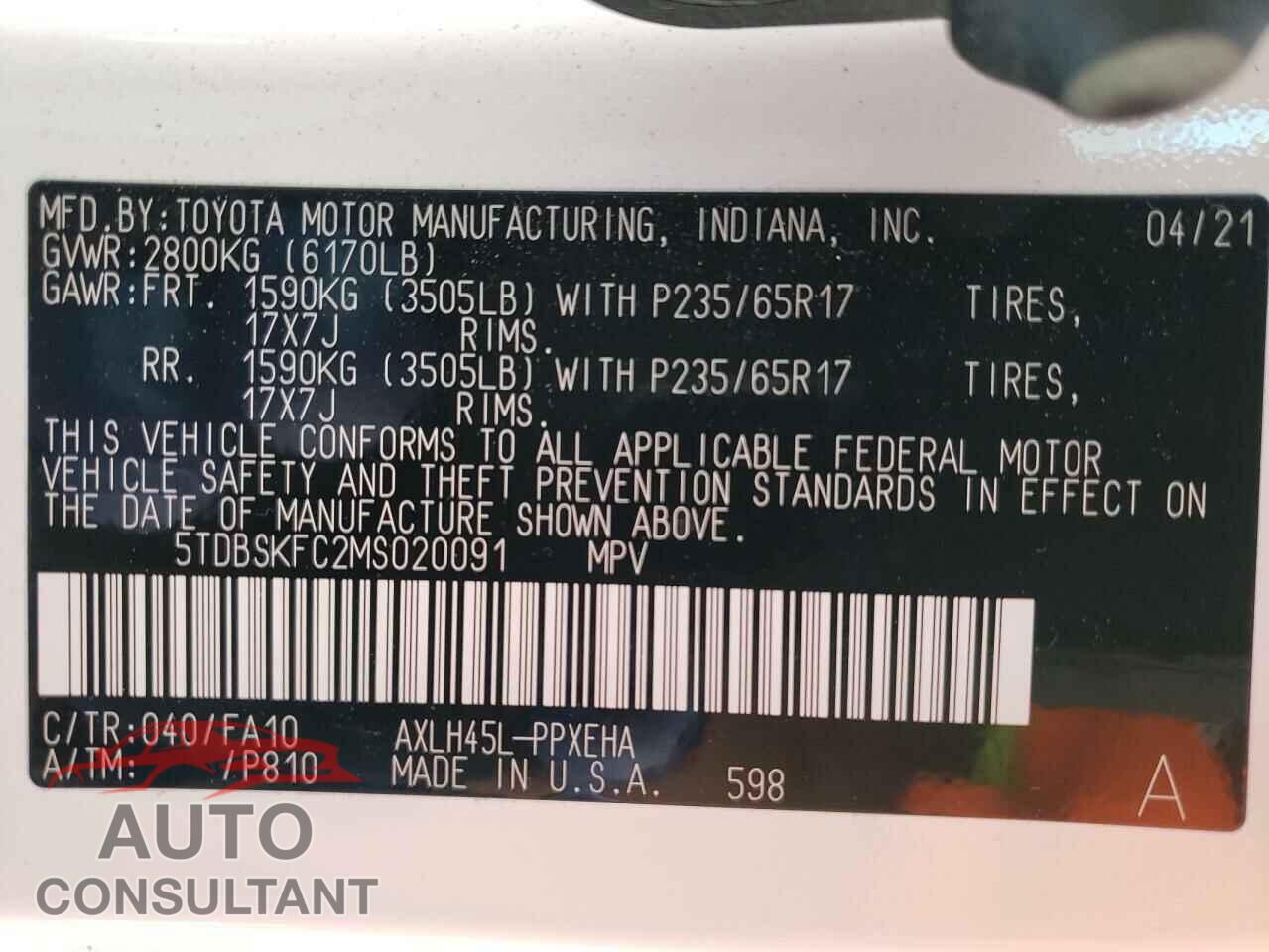 TOYOTA SIENNA 2021 - 5TDBSKFC2MS020091
