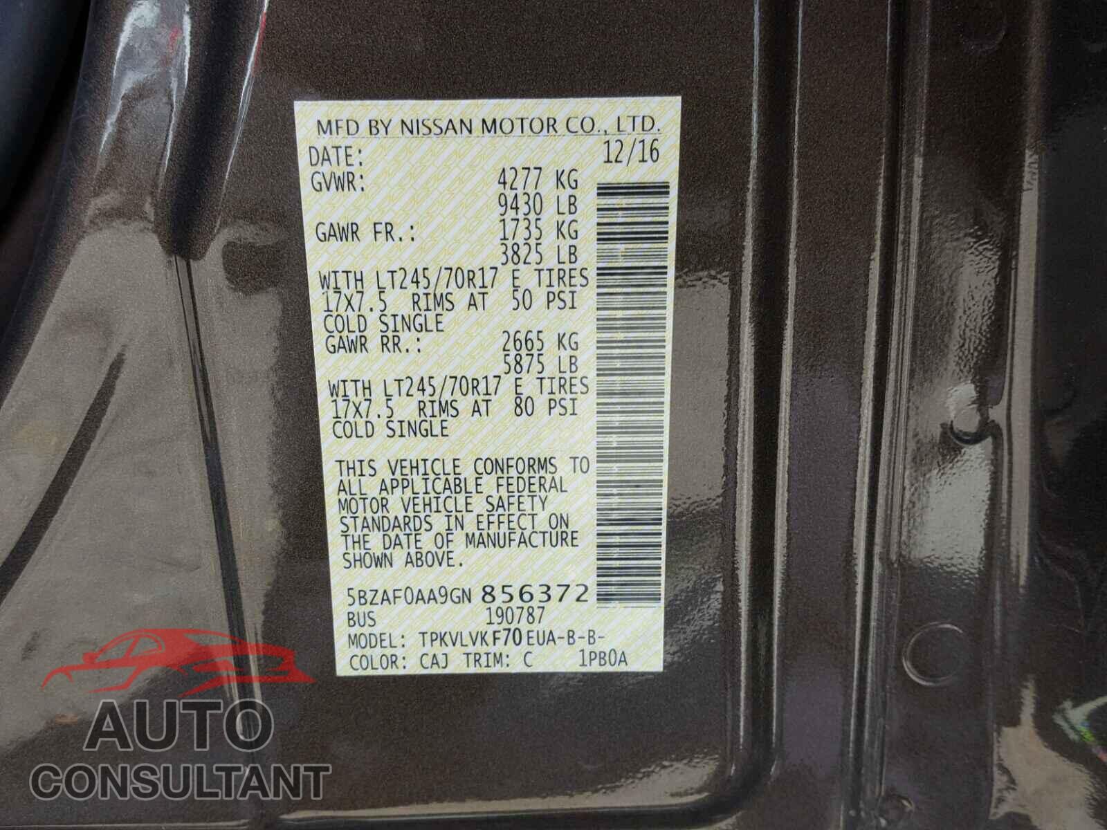 NISSAN NV 2016 - 5BZAF0AA9GN856372