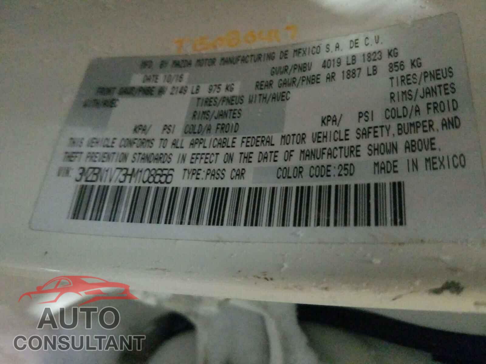 MAZDA 3 2017 - 3MZBN1V73HM108656