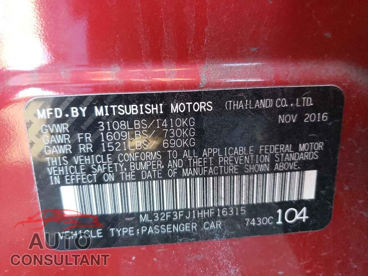 MITSUBISHI MIRAGE 2017 - ML32F3FJ1HHF16315