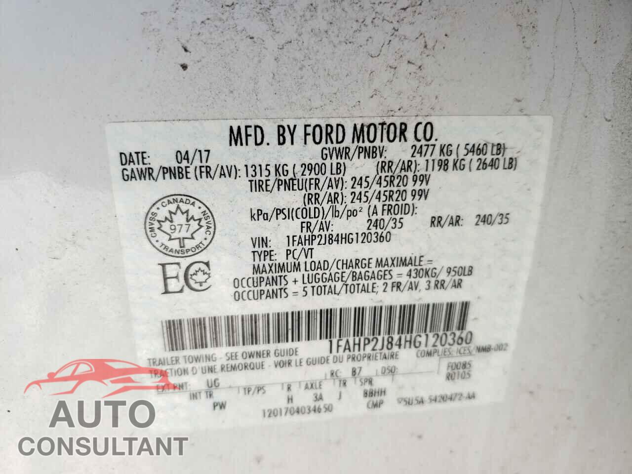 FORD TAURUS 2017 - 1FAHP2J84HG120360