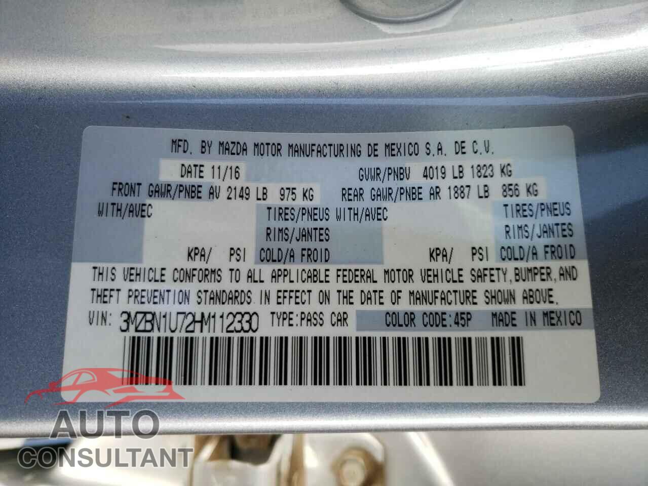MAZDA 3 2017 - 3MZBN1U72HM112330