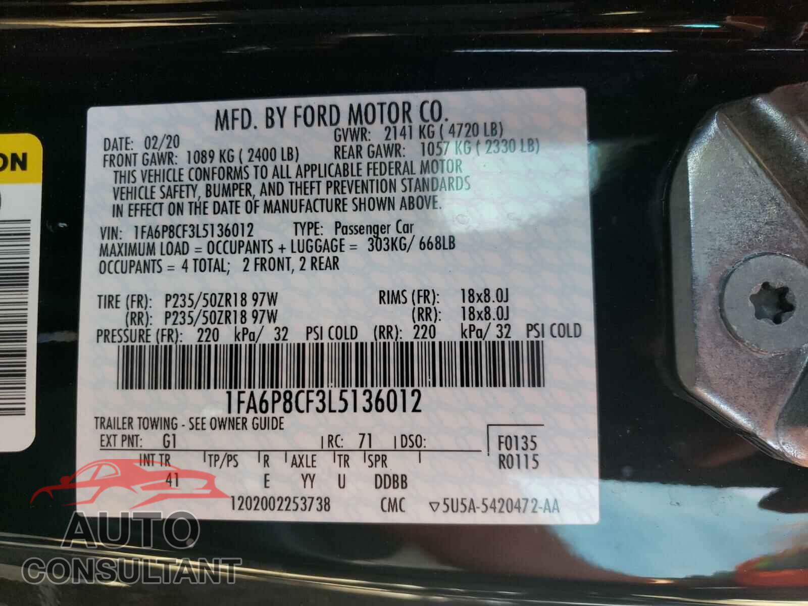 FORD MUSTANG 2020 - 1FA6P8CF3L5136012