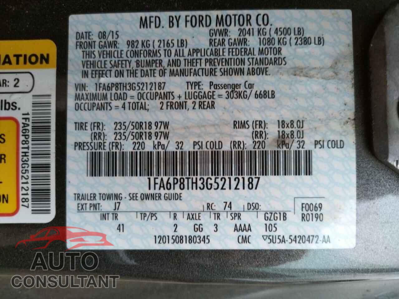 FORD MUSTANG 2016 - 1FA6P8TH3G5212187