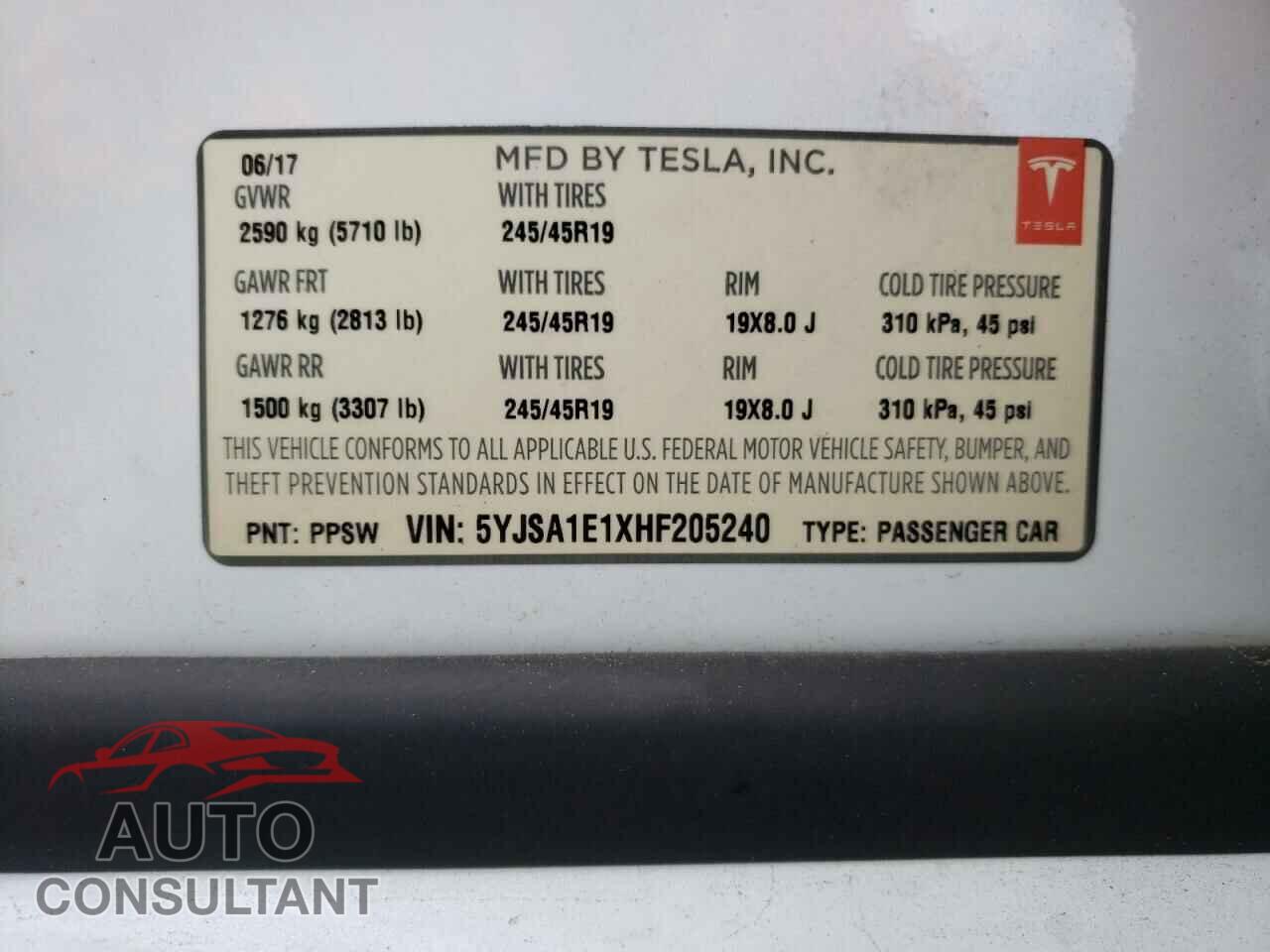 TESLA MODEL S 2017 - 5YJSA1E1XHF205240