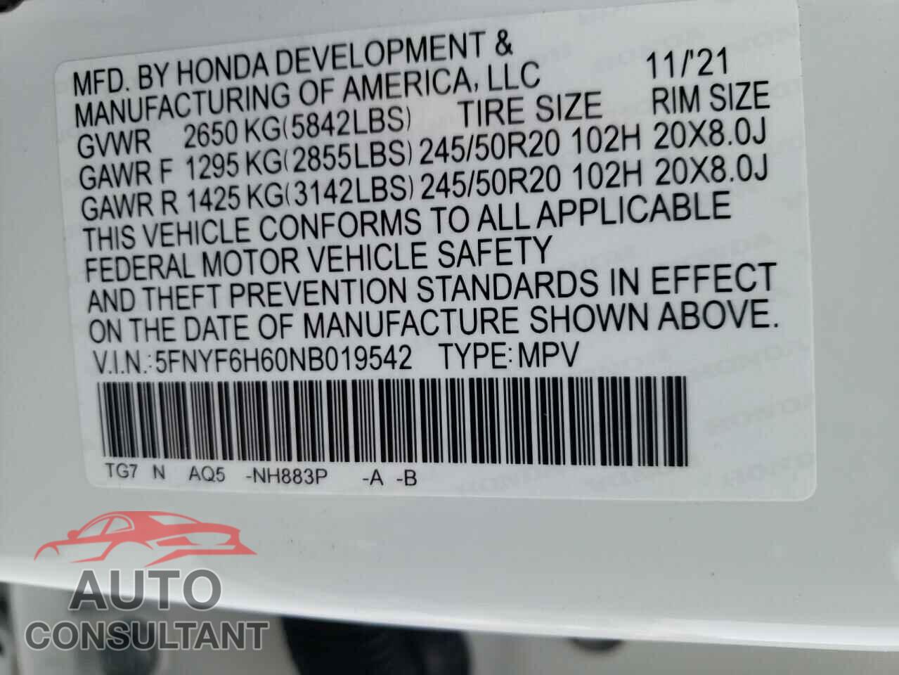 HONDA PILOT 2022 - KM8K33A52KU202650
