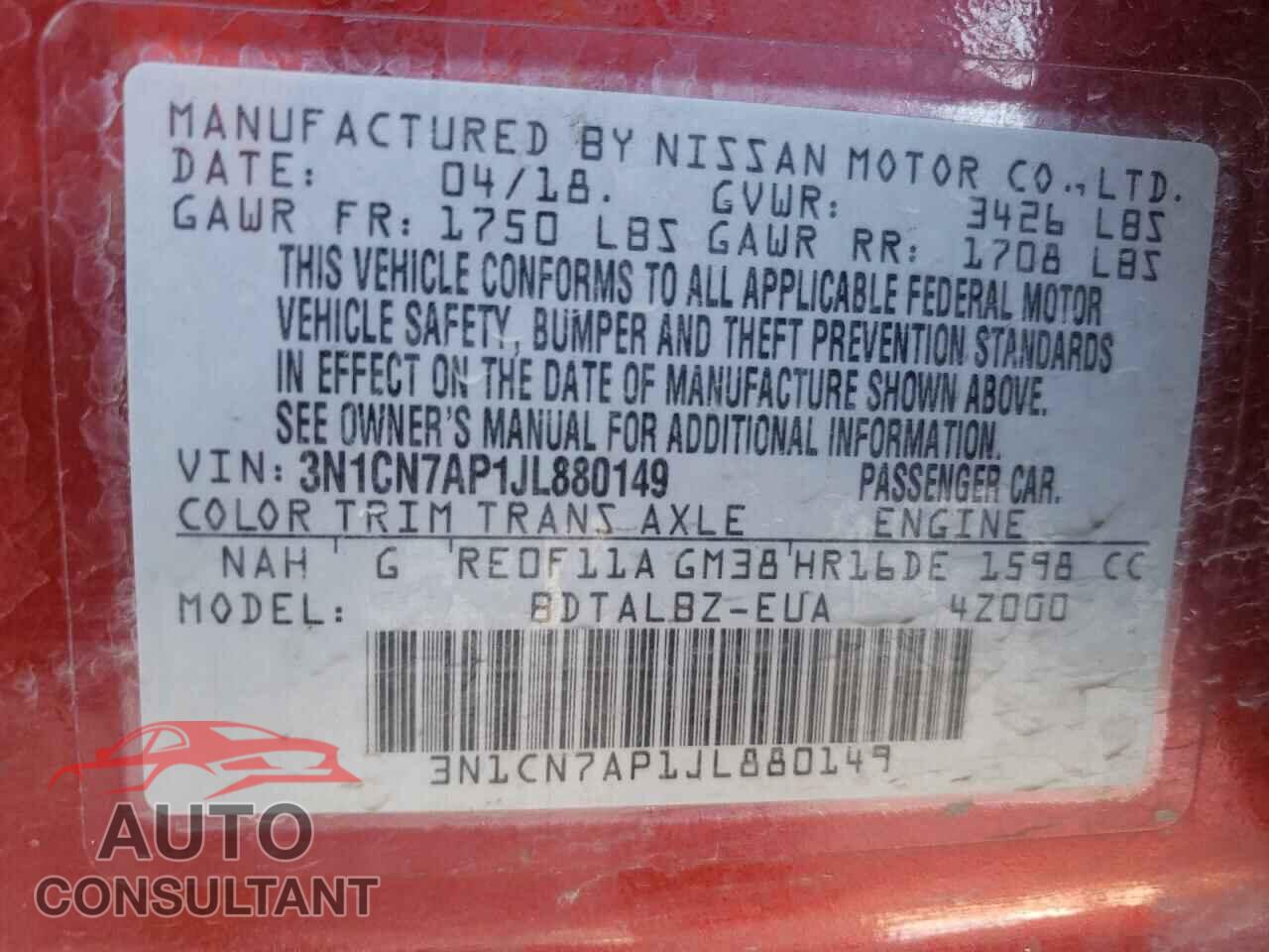 NISSAN VERSA 2018 - 3N1CN7AP1JL880149