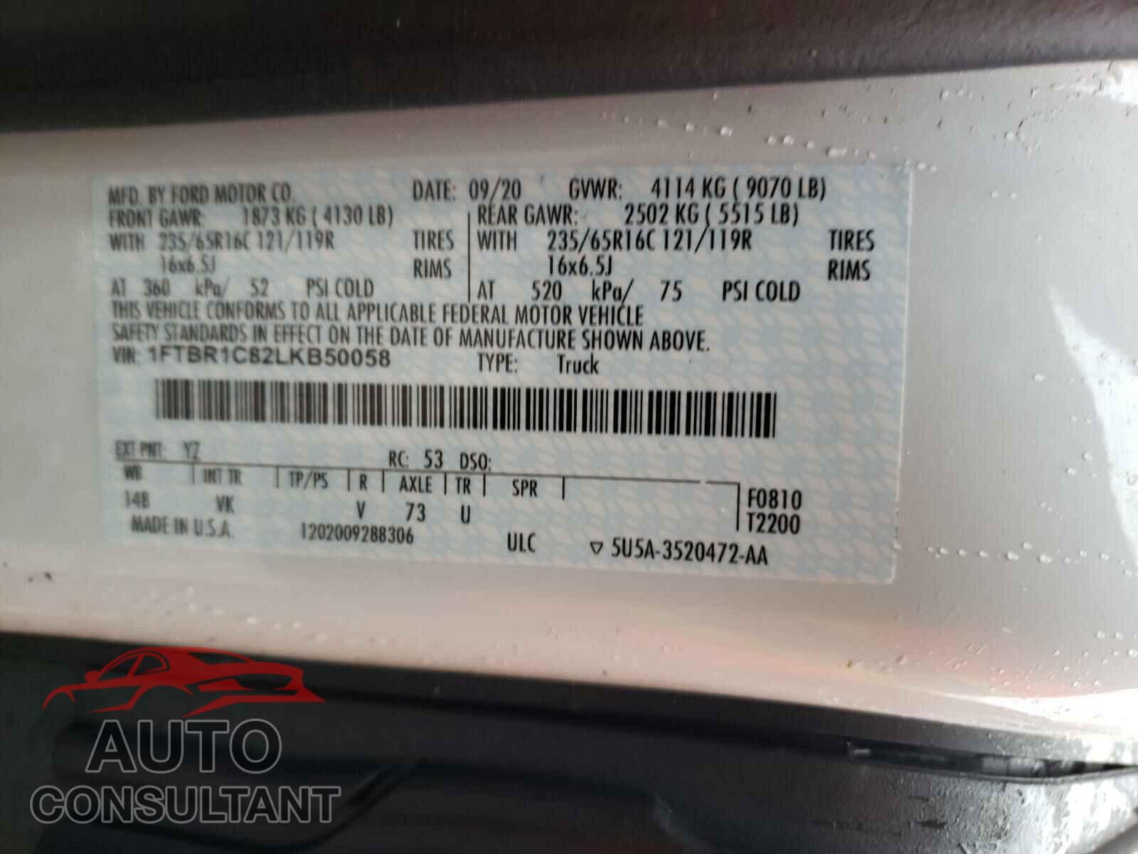 FORD TRANSIT CO 2020 - 1FTBR1C82LKB50058