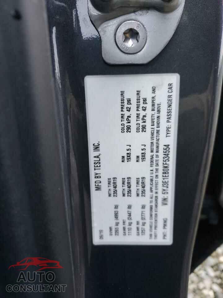 TESLA MODEL 3 2019 - 5YJ3E1EB0KF534554