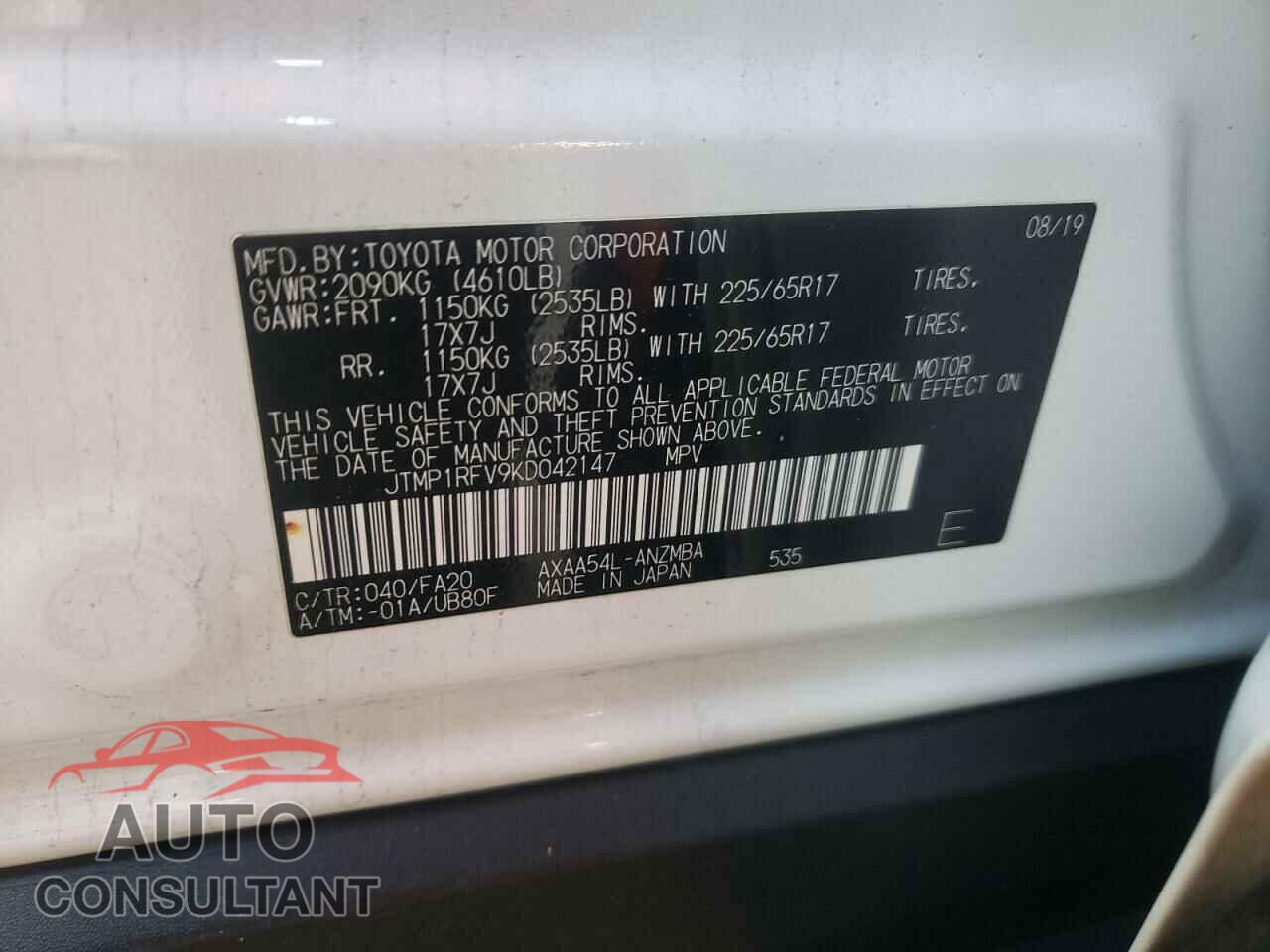 TOYOTA RAV4 2019 - JTMP1RFV9KD042147