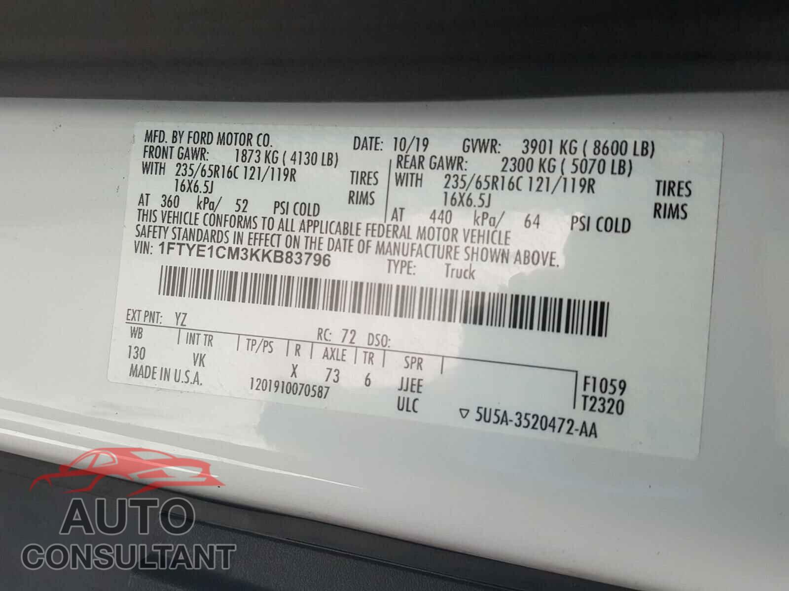 FORD TRANSIT CO 2019 - 1FTYE1CM3KKB83796