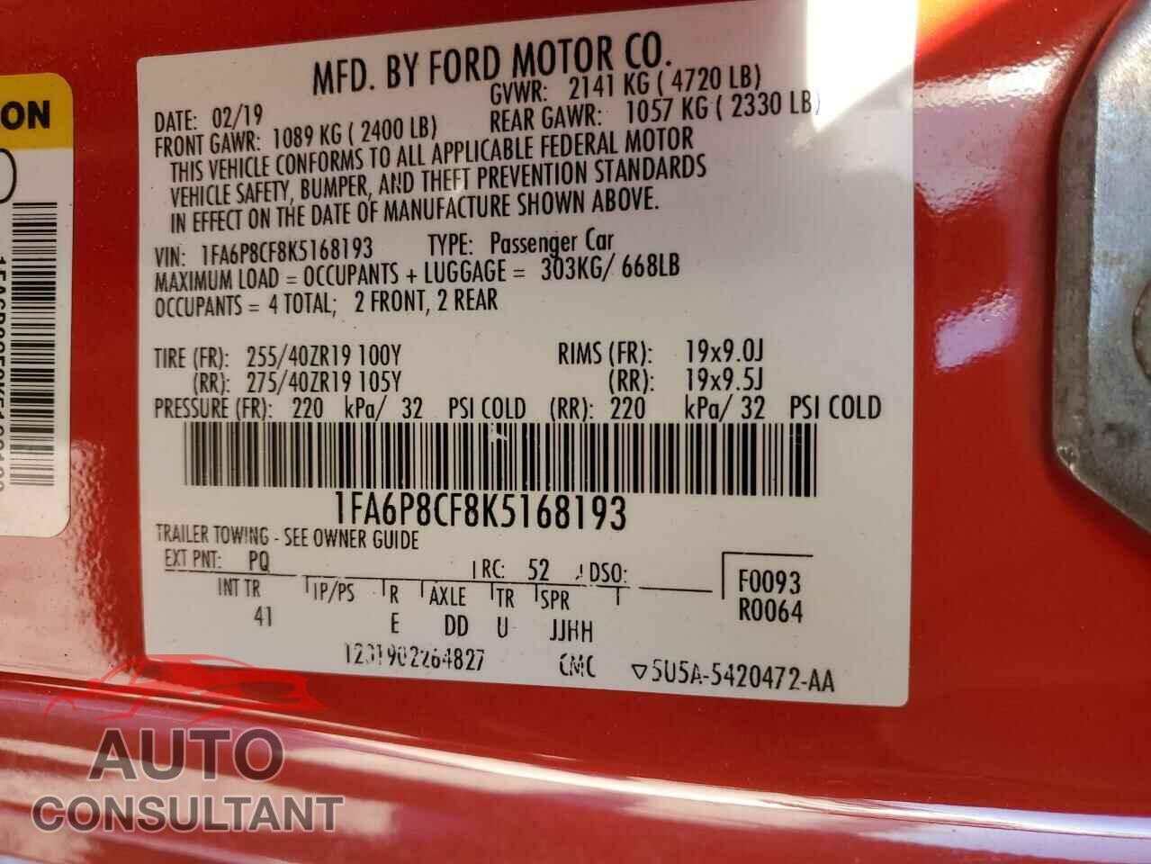 FORD MUSTANG 2019 - 1FA6P8CF8K5168193
