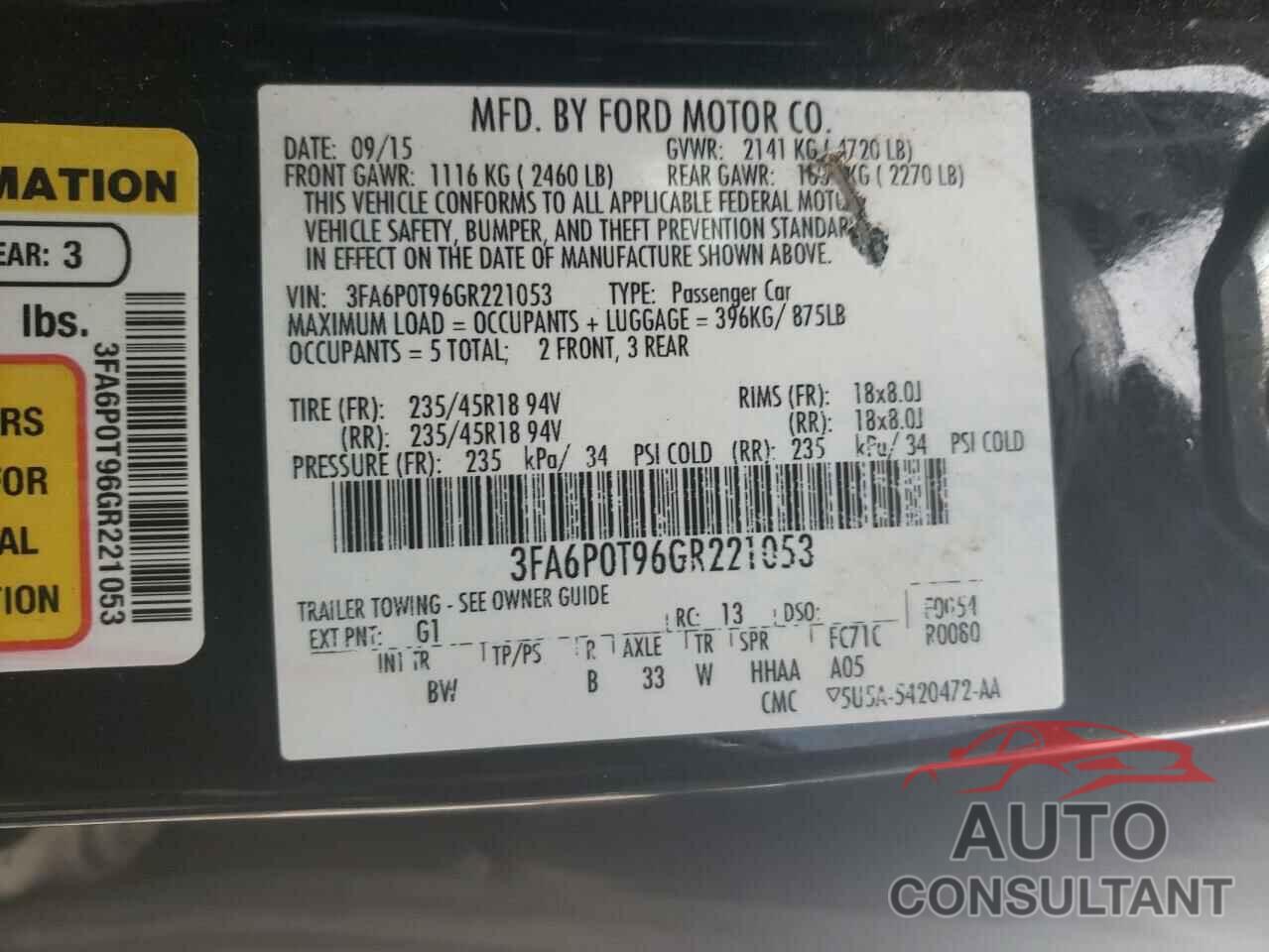 FORD FUSION 2016 - 3FA6P0T96GR221053