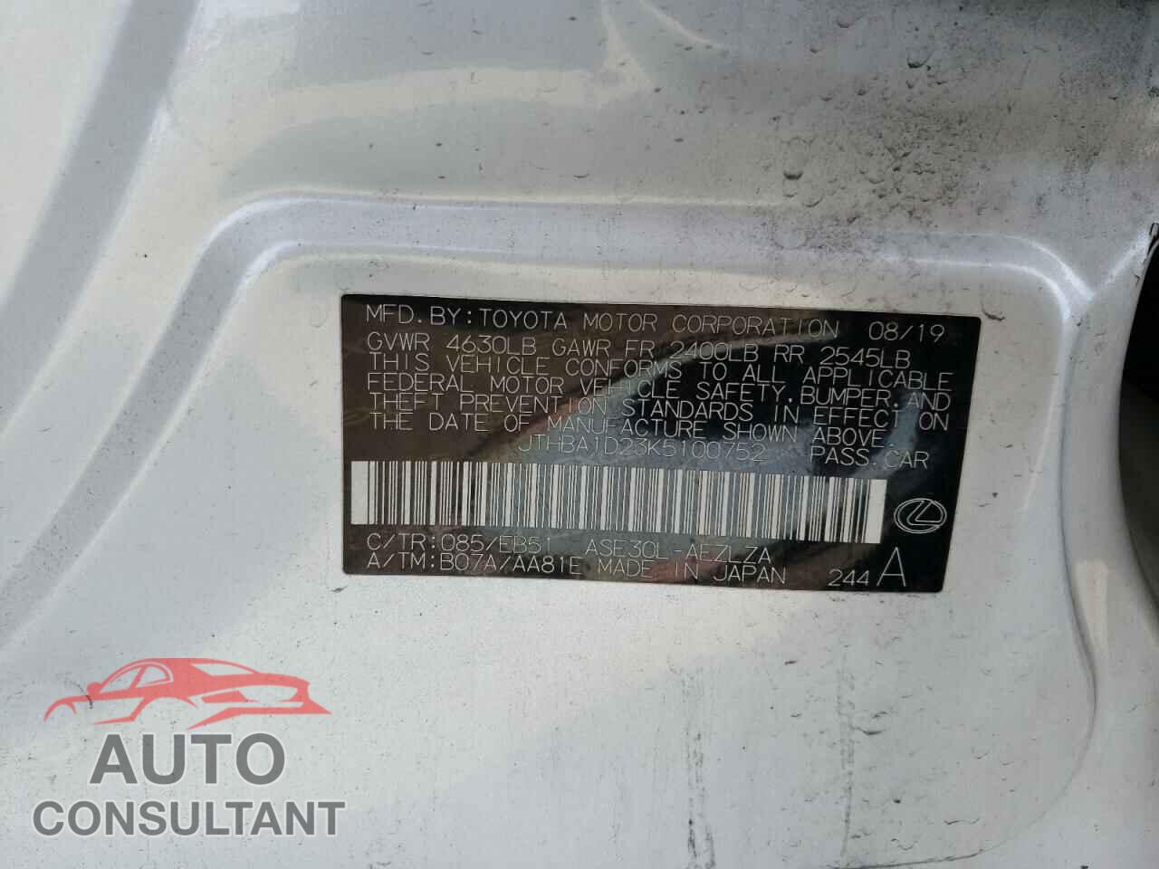 LEXUS IS 2019 - JTHBA1D23K5100752