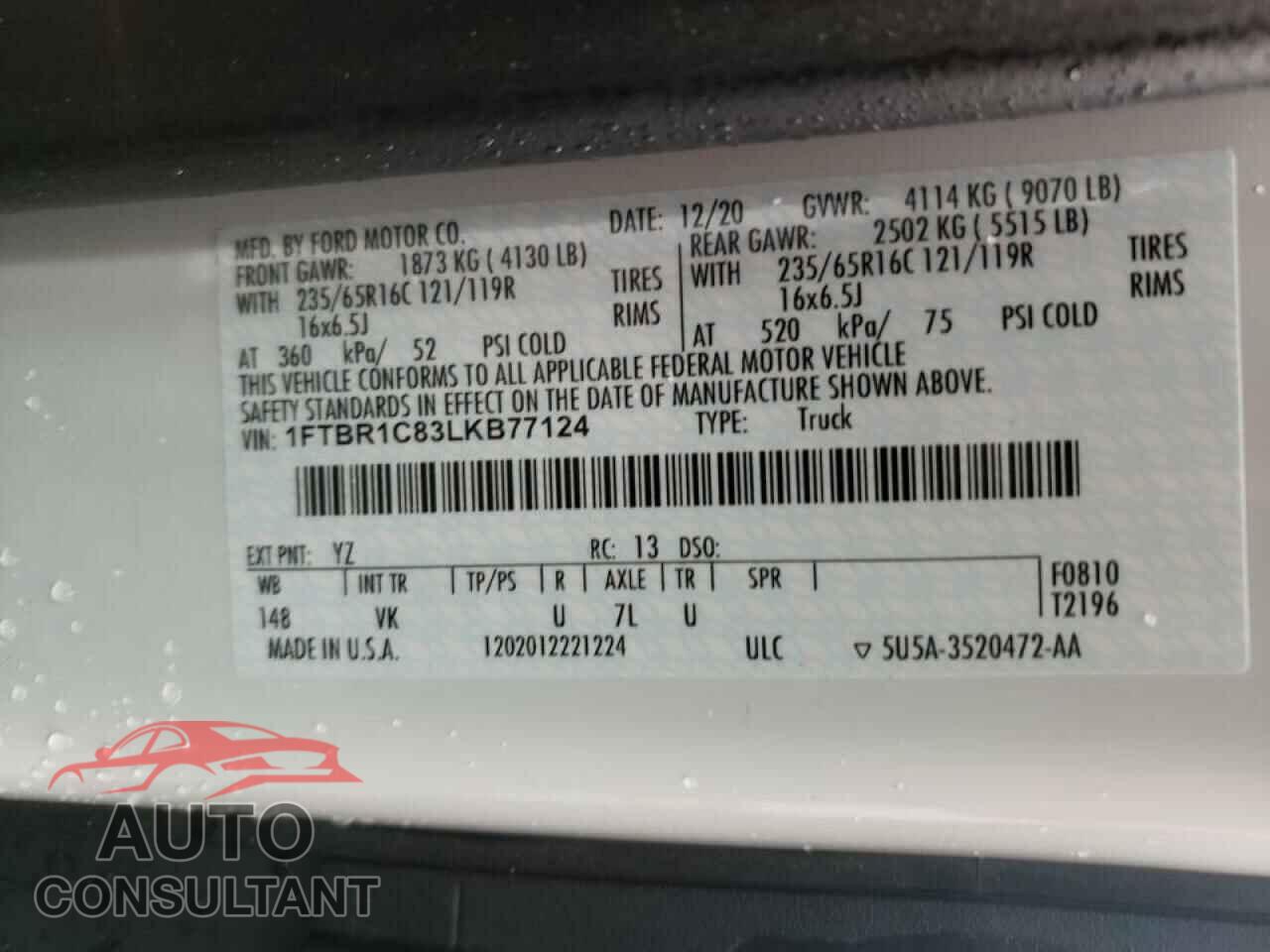 FORD TRANSIT CO 2020 - 1FTBR1C83LKB77124