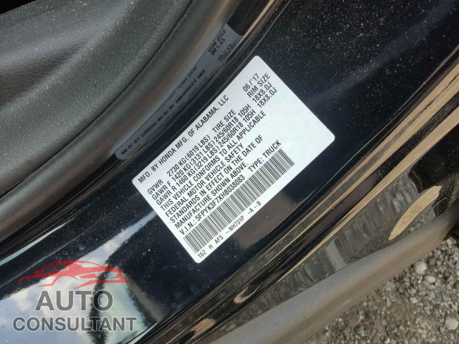 HONDA RIDGELINE 2017 - 5FPYK3F7XHB038083