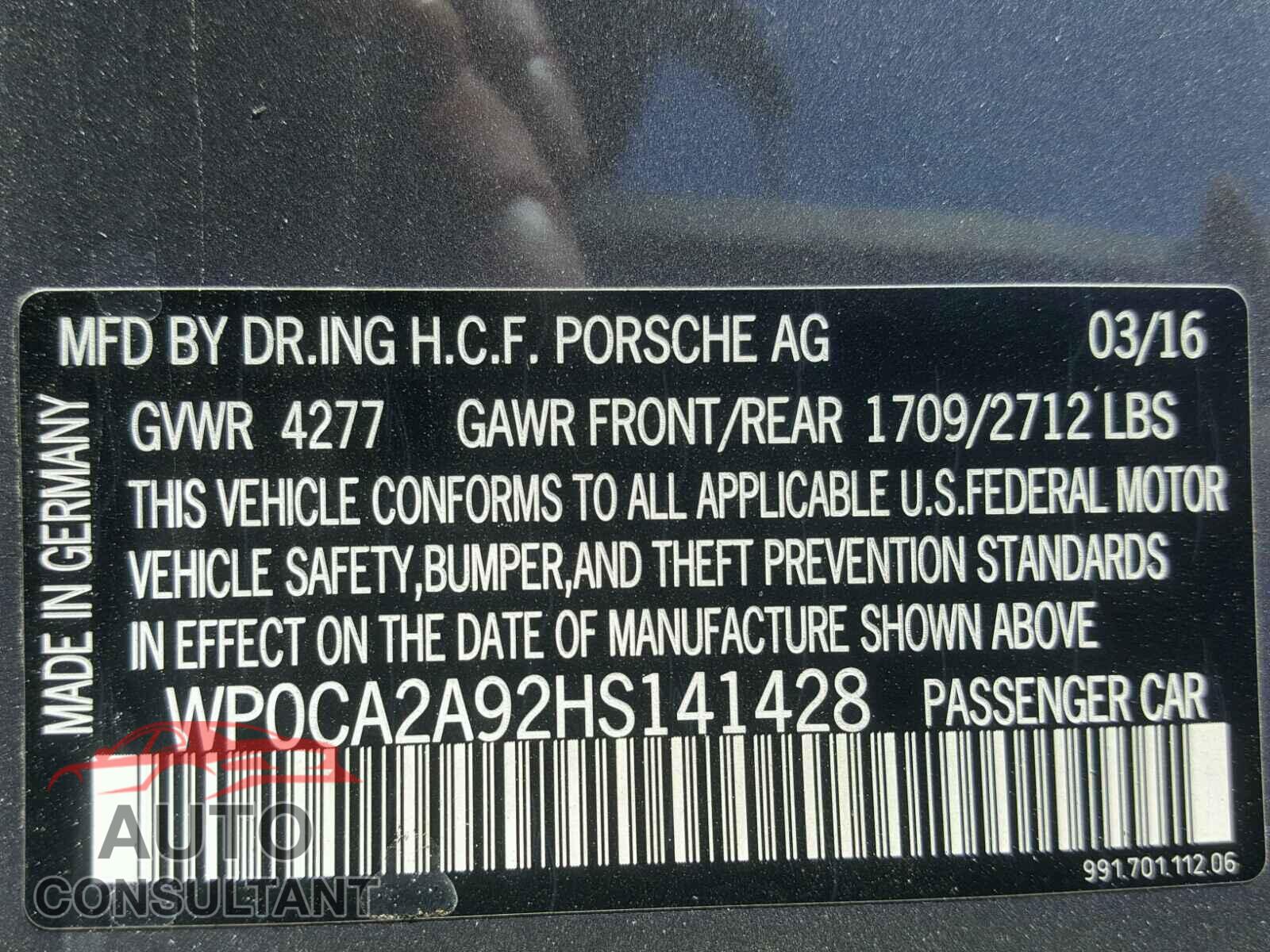 PORSCHE 911 2017 - WP0CA2A92HS141428