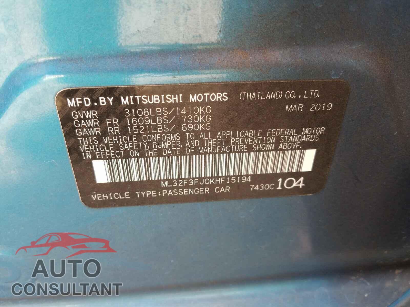 MITSUBISHI MIRAGE 2019 - ML32F3FJ0KHF15194