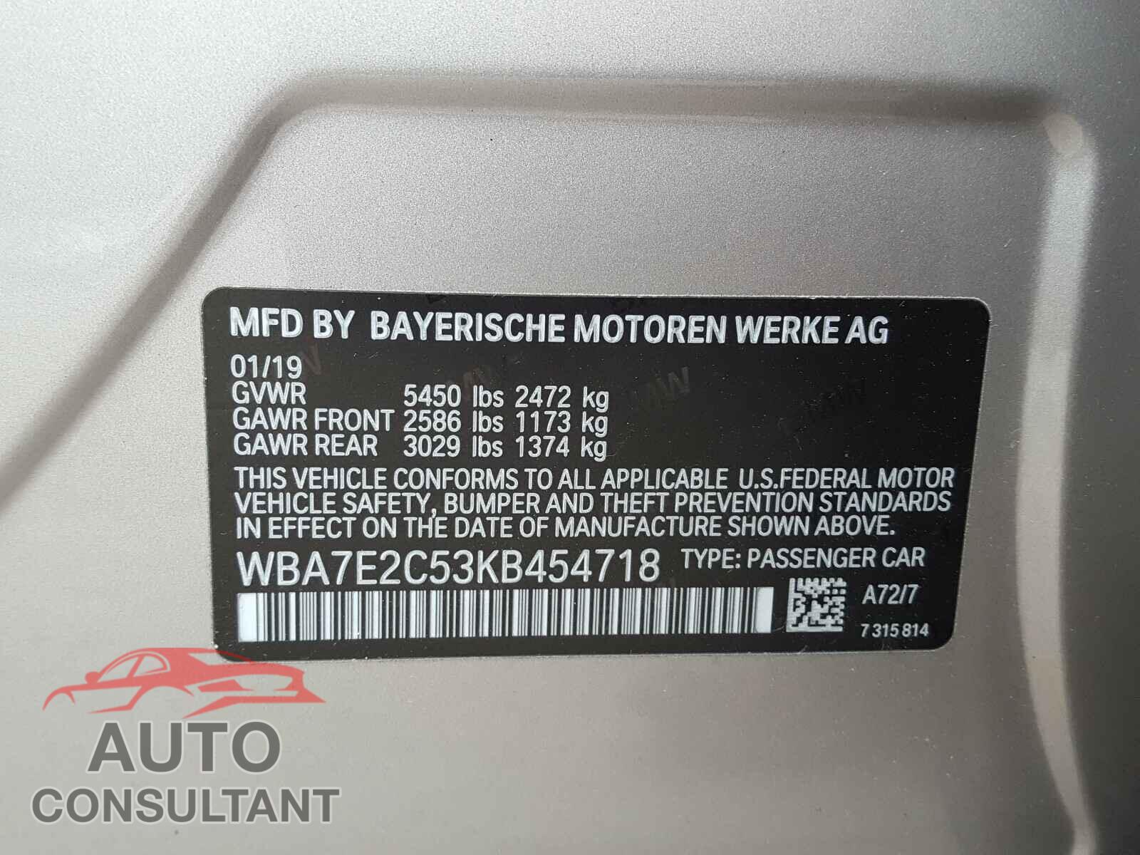BMW 7 SERIES 2019 - WBA7E2C53KB454718