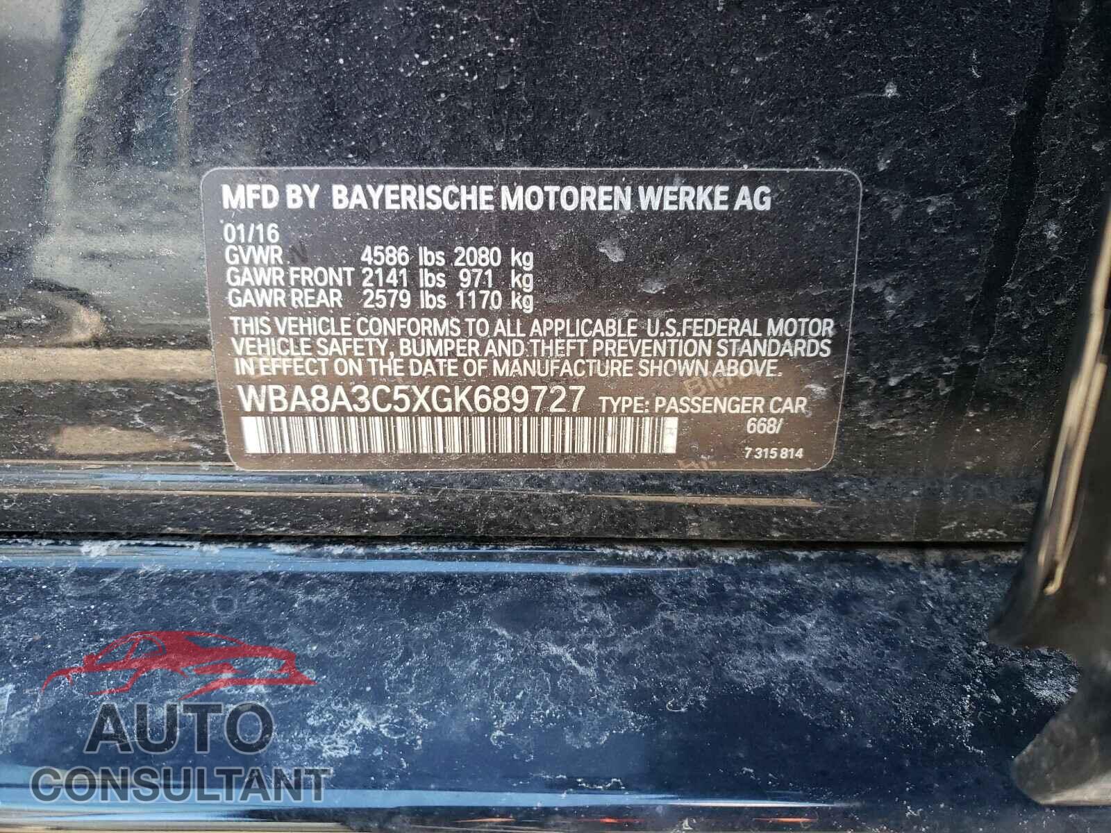 BMW 3 SERIES 2016 - WBA8A3C5XGK689727