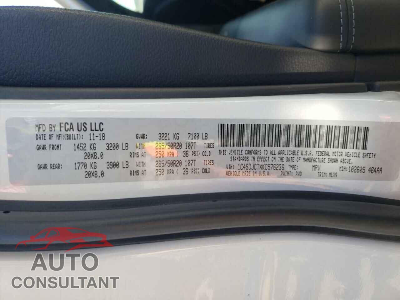 DODGE DURANGO 2019 - 1C4SDJCTXKC576236