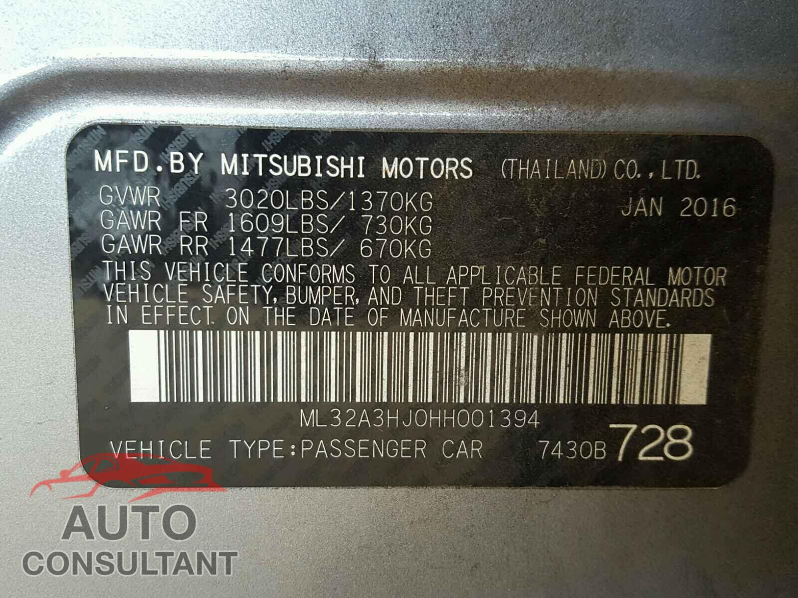 MITSUBISHI MIRAGE 2017 - ML32A3HJ0HH001394