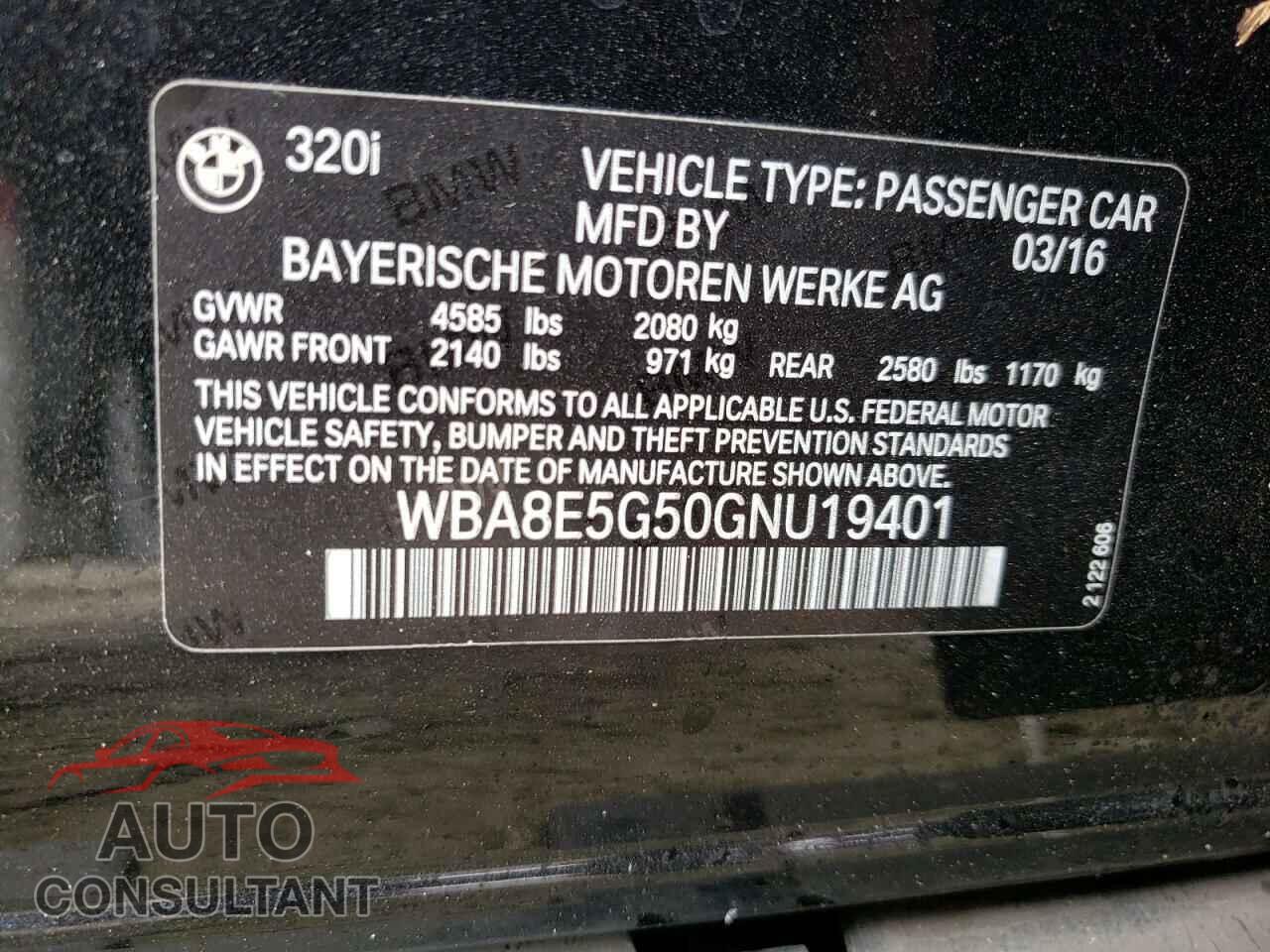 BMW 3 SERIES 2016 - WBA8E5G50GNU19401