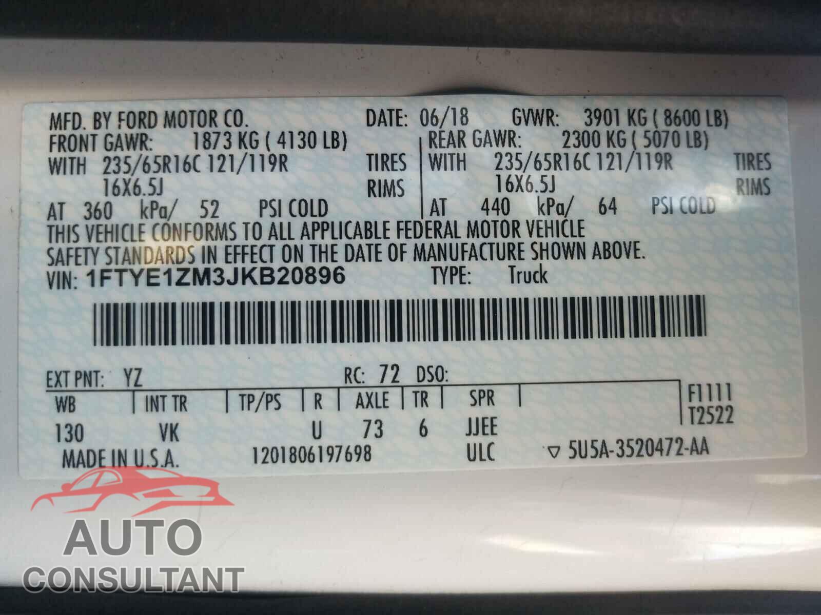FORD TRANSIT CO 2018 - 1FTYE1ZM3JKB20896