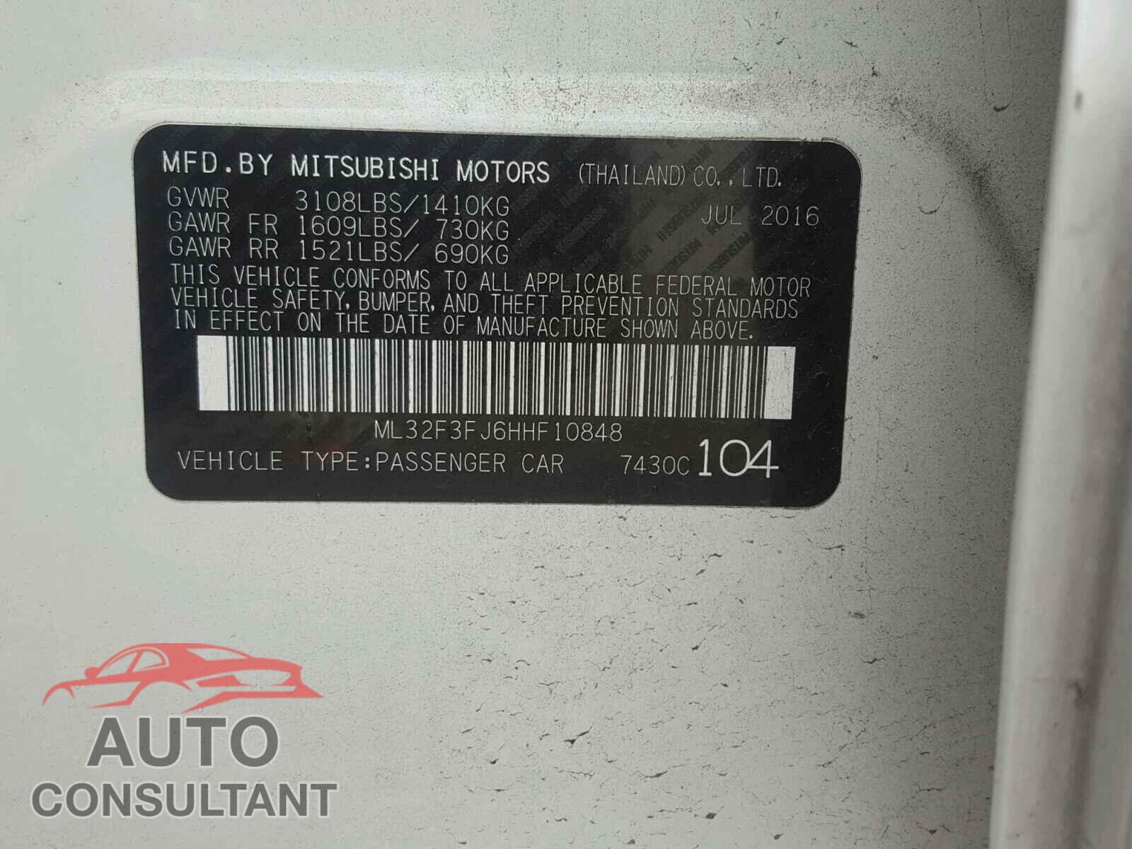 MITSUBISHI MIRAGE 2017 - ML32F3FJ6HHF10848