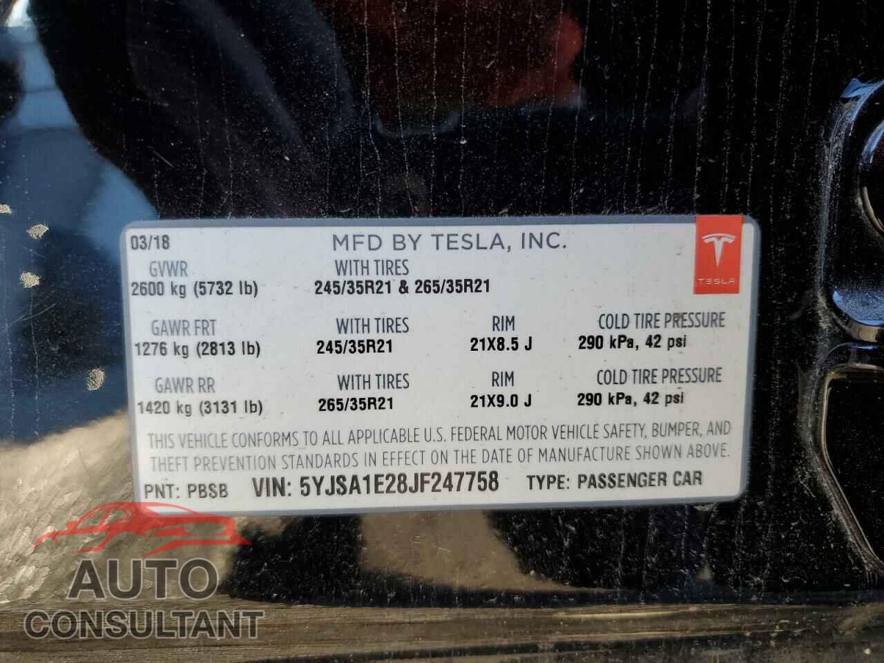 TESLA MODEL S 2018 - 5YJSA1E28JF247758