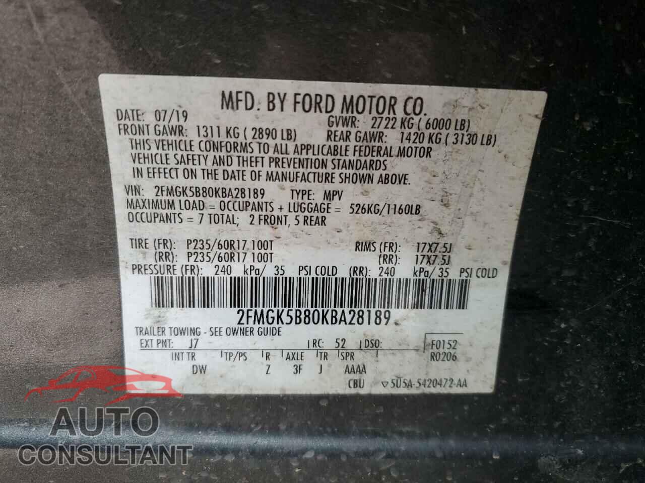 FORD FLEX 2019 - 2FMGK5B80KBA28189